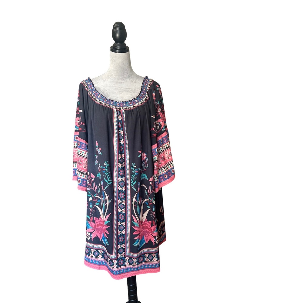 BOHO Flying Tomato Black Floral Print Mini Dress Women‎ XL Off Shoulder